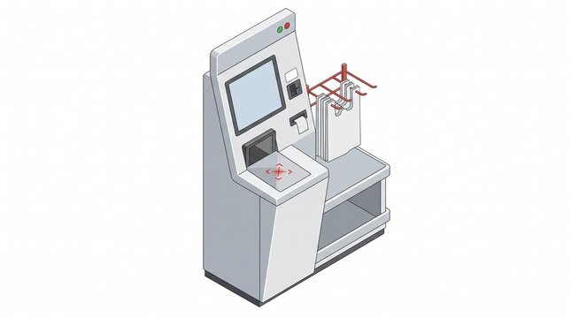 Isometric vector illustration of a self checkout machine at a supermarket register with cash registe
