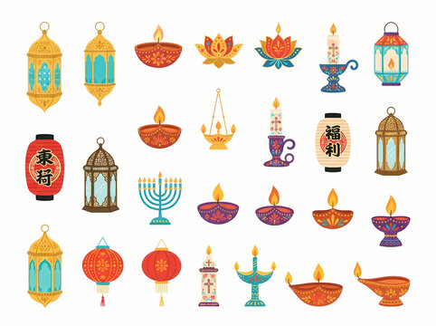 Collection of various traditional decorative lanterns and oil lamps for religious festivals.
