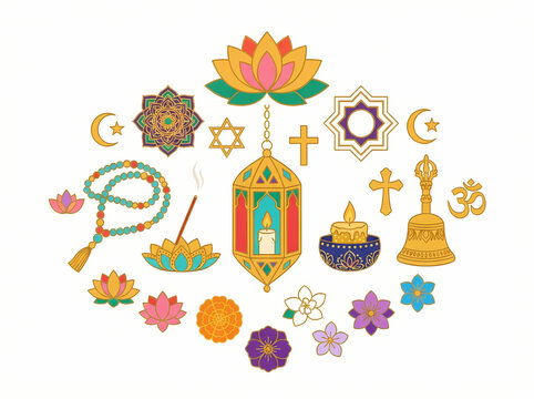 A collection of diverse religious and spiritual symbols arranged in a circular composition.