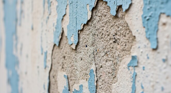 Abstract texture of a weathered wall with peeling blue paint revealing concrete