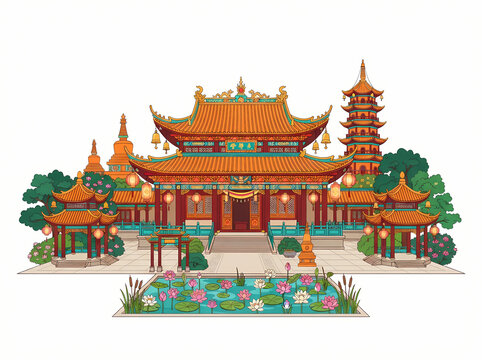 Traditional Chinese temple complex with ornate architecture and a serene lotus pond.