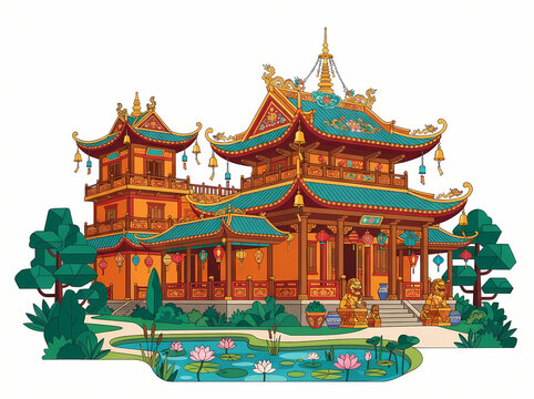 An ornate traditional Chinese temple featuring multi-tiered roofs and intricate architectural details.