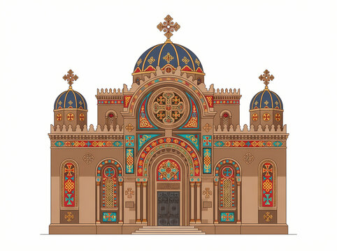 A detailed illustration of a grand Byzantine style cathedral with ornate domes and crosses.