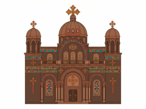 Detailed illustration of a traditional Orthodox church with three domes and golden crosses.