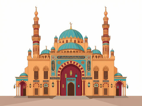 A detailed illustration of a traditional Islamic mosque with turquoise domes and tall minarets.