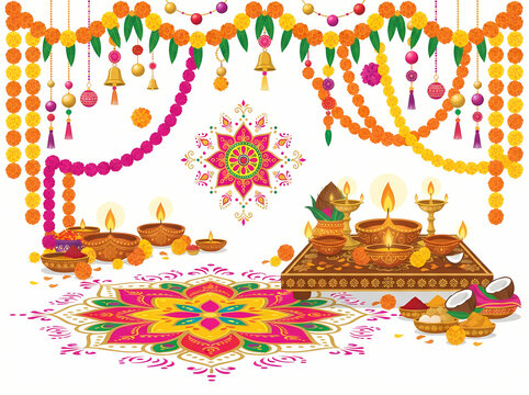 Diwali festival celebration background with traditional oil lamps and colorful rangoli.