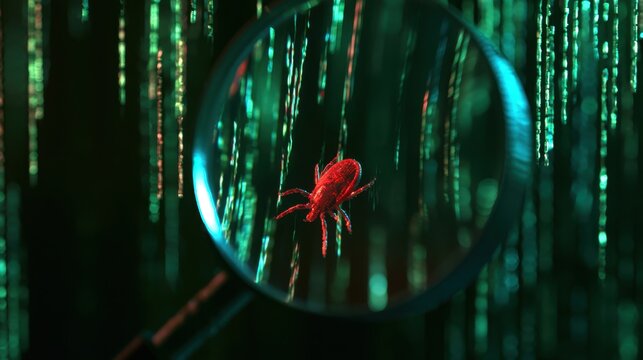Close-up view of red insect on fiber optic cable under magnifying glass with digital data background and green light pattern effect in dark environment