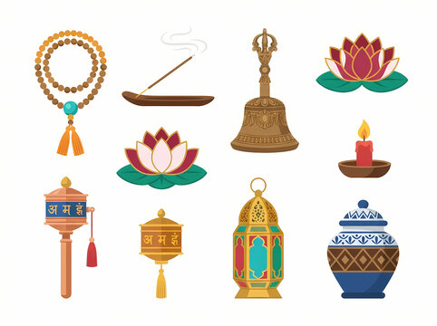 A collection of traditional Buddhist and spiritual ritual objects and symbols.