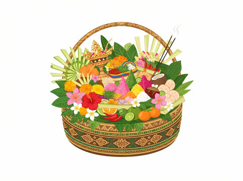 A vibrant Balinese offering basket filled with colorful tropical flowers and traditional ritual items.