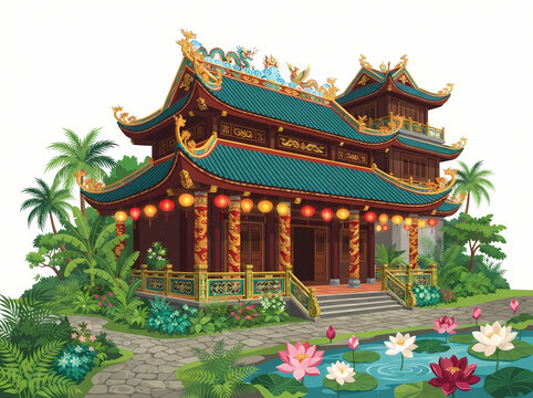 Ornate traditional East Asian temple architecture with tiered roofs and golden dragon pillars.
