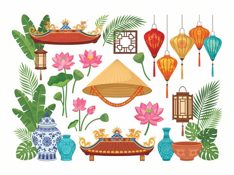 A collection of traditional Vietnamese cultural elements and decorative items.