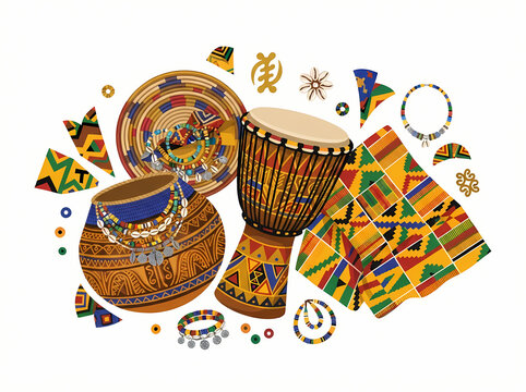 A vibrant collection of traditional African cultural artifacts including a djembe drum and kente cloth.