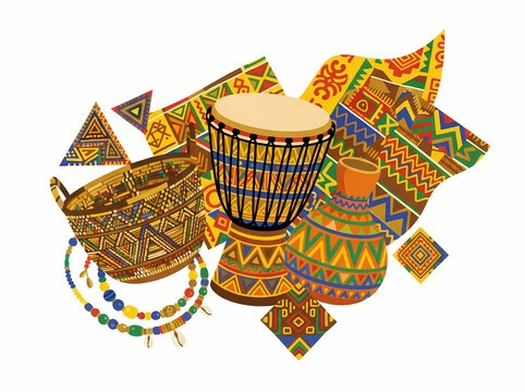 A vibrant collection of traditional African cultural artifacts and musical instruments.