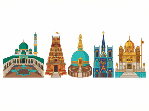 A collection of diverse religious architectural landmarks representing global faiths.