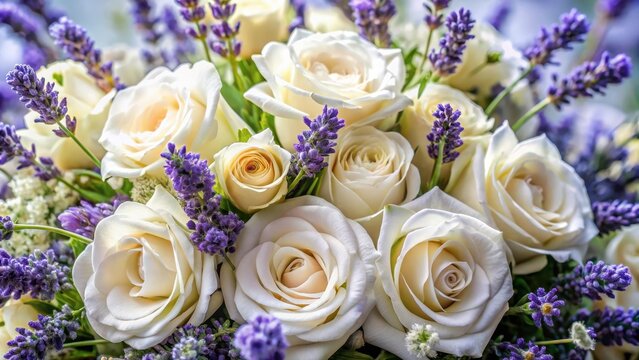 Buqu de rosas brancas e lavanda