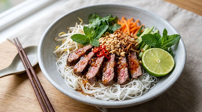 Grilled beef Vietnamese bun boat bowl with fresh herbs and noodles, Traditional Asian rice vermicelli noodle dish for lunch menu and food photography