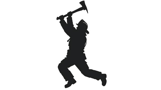 Silhouette of man swinging axe white background.
