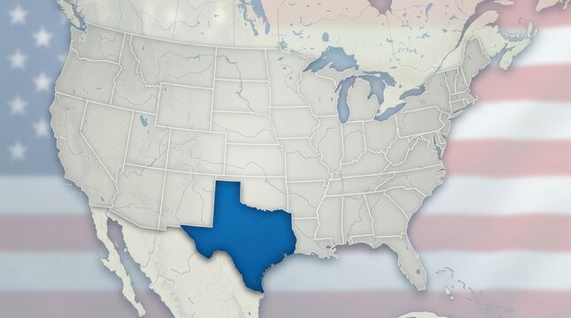 A map of the United States of America featuring the state of Texas highlighted in blue against a subtle background of the American flag