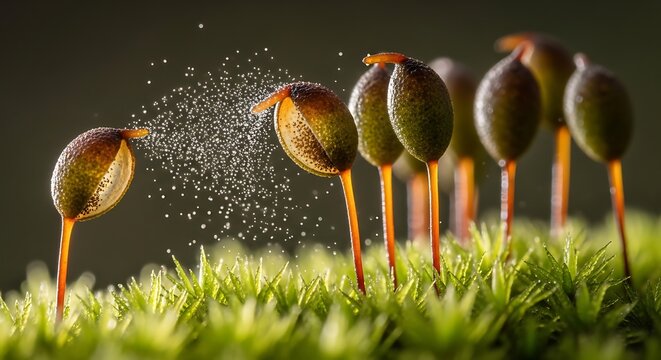 Macro view of moss capsules releasing spores in nature with microscopic