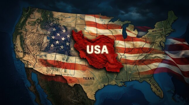 An overlaid map showing the silhouette of Iran placed over the United States territory with the letters USA printed in white over the red shape