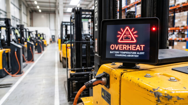 Forklift display showing battery overheat warning in warehouse charging bay