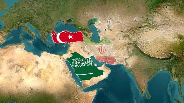 Turkey, Saudi Arabia, Iran, Egypt, Pakistan Flag Map Animation