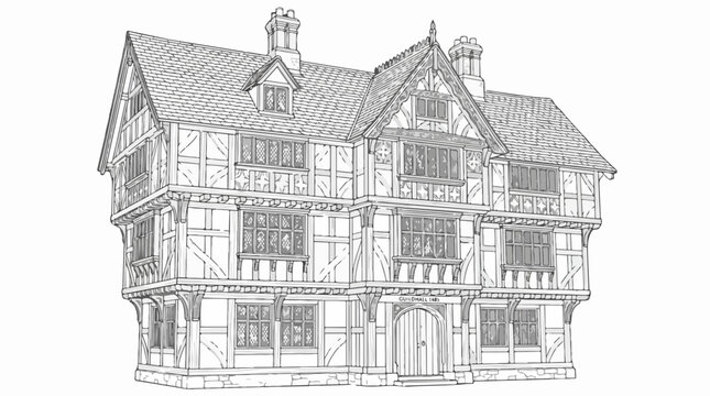 Medieval timber-framed guildhall building 1485 line art for coloring