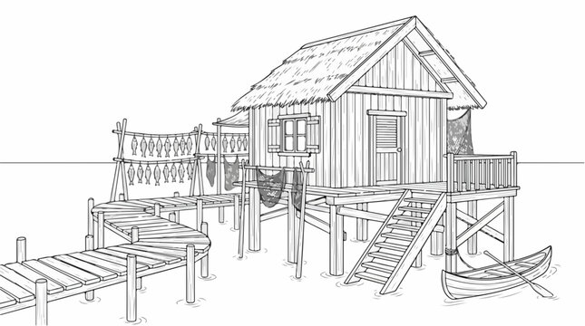 Tropical stilt house coloring page with drying fish on boardwalk dock