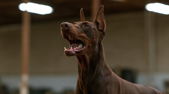 Alert attentive brown dog with erect ears looking up intently with open mouth inside a softly lit indoor space with blurred ceiling and wooden structures in background