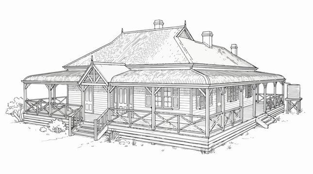 Traditional Australian colonial homestead line art with wrap veranda