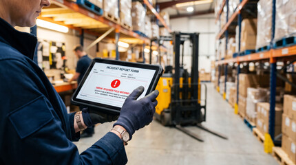 Fototapeta premium Worker holding tablet with digital error in warehouse