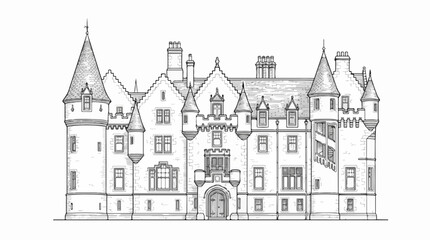 Fototapeta premium Detailed line art of a Scottish baronial castle with turrets and spires