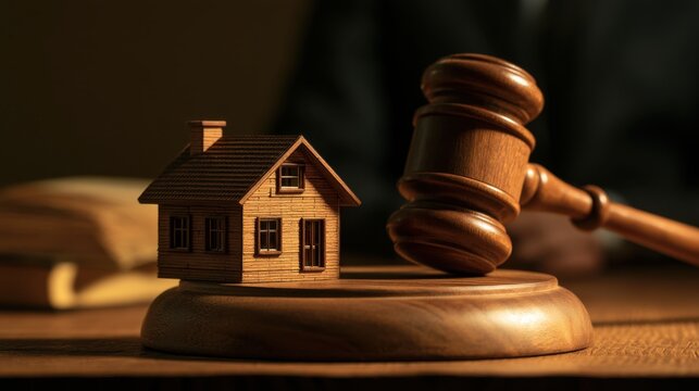 Wooden judge gavel and miniature house model on legal desk symbolizing real estate law property dispute and housing legal judgment concept