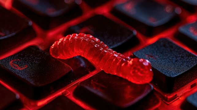 Close-up of red glowing worm on black computer keyboard key with red backlight technology concept with dark background and digital security threat