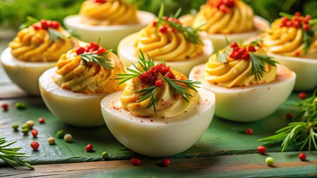 Delicious deviled eggs garnished with dill and paprika on green background stock photography for culinary art and food presentation