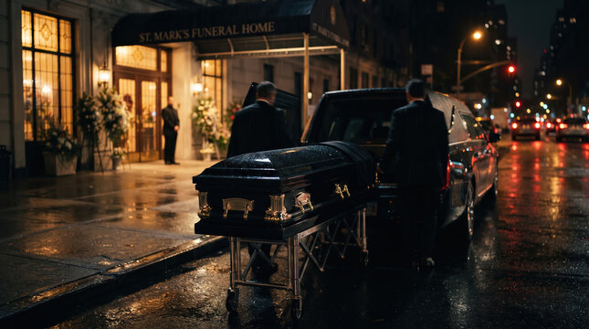 Hearse vehicle and funeral directors loading casket outside building at night during rain with funeral director building mourning transport pallbearer undertaker ceremony memorial