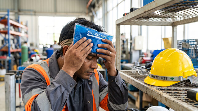 Factory worker holding cold pack on forehead in workshop