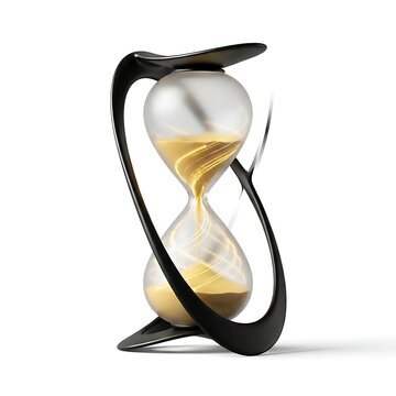 A modern hourglass with black curved supports holds golden sand flowing against a white.
