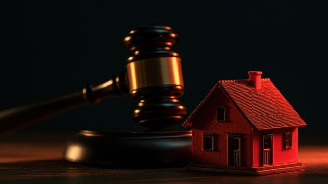 Wooden gavel and red miniature house symbolizing real estate law legal proceedings and property dispute resolution with dramatic lighting on dark background