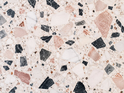 Abstract Terrazzo Stone Texture with White, Black and Blush Pink Fragments