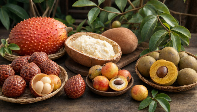 A variety of exotic tropical fruits including spiky red gac fruit, brown snake fruit, and round sapodilla arranged on wooden plates on a rustic table