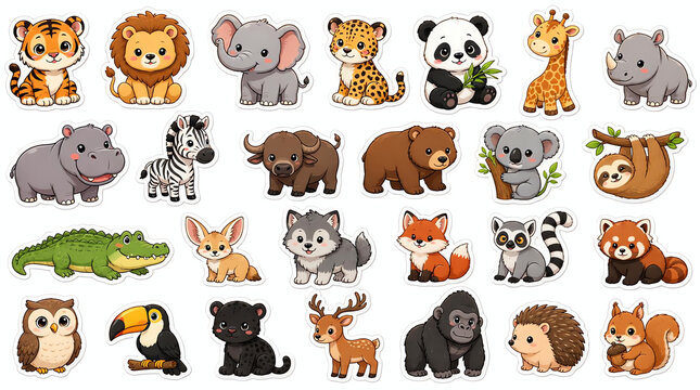 Collection of cartoon animal stickers features diverse wildlife illustrations on a white background