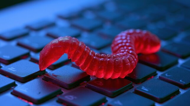 Close-up of a red plastic worm toy on a black computer keyboard representing cyber security threat and digital virus concept in blue ambient lighting