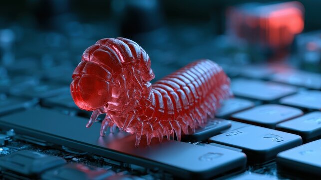 Close-up of translucent red digital worm insect crawling on black computer keyboard in dark blue ambient lighting with blurred background technology concept