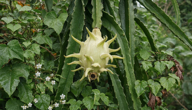 A single yellow dragon fruit hanging from a cactus plant with long green stems and small white flowers in a lush garden environment