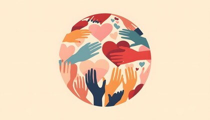 Obraz premium Diverse hands reaching towards hearts and globe representing unity and support.