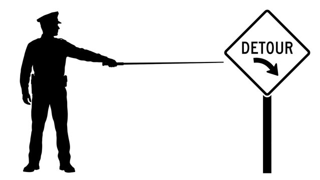 Police officer pointing at detour sign white background.