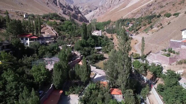 Aerial North Road hamlet mixes poplars, gardens, and rooftops in a mountain fold, a compact Iranian valley community. Ideal for travel, tourism, and nature stock Iran Alborz mountains.