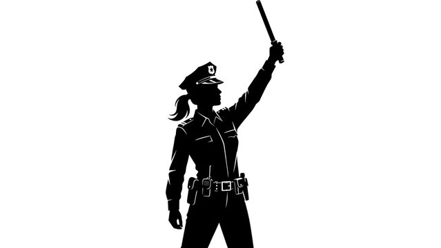 Silhouette of police officer raising baton white background.