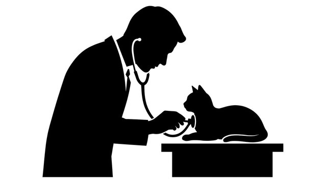 Veterinarian examining cat on table white background.